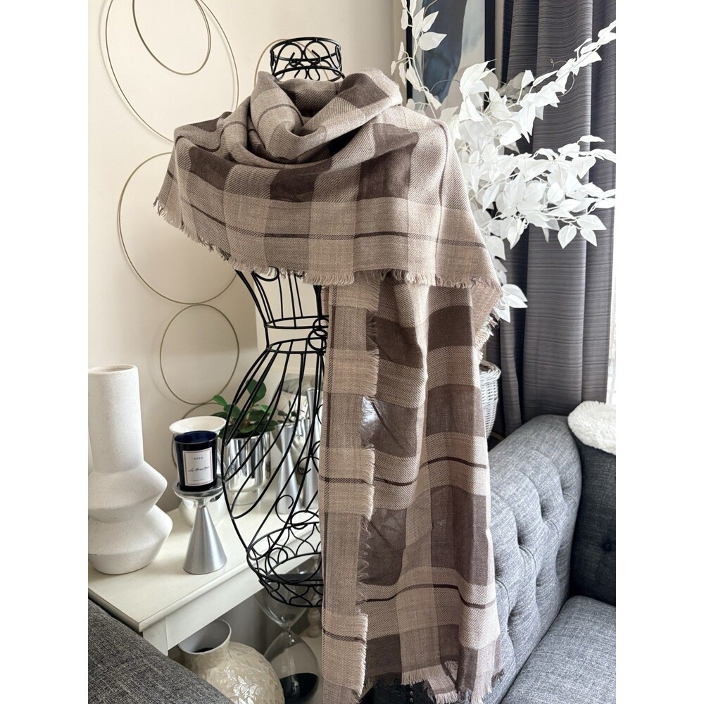 J Jill Beige Brown Plaid Knit Scarf Wrap Fringe Acrylic/Viscose/Rayon 25x72